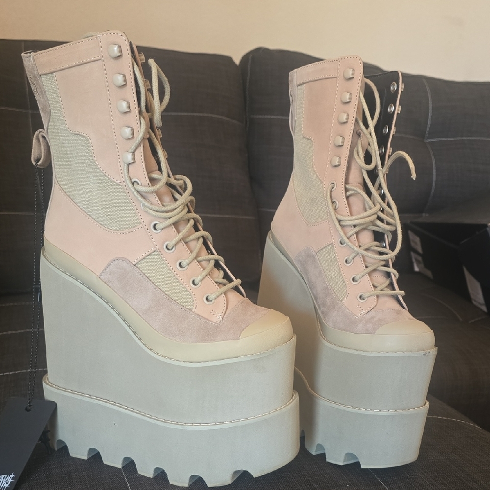Dolls Kill Pink and Cream Lace Up Boots with Chunky Platform